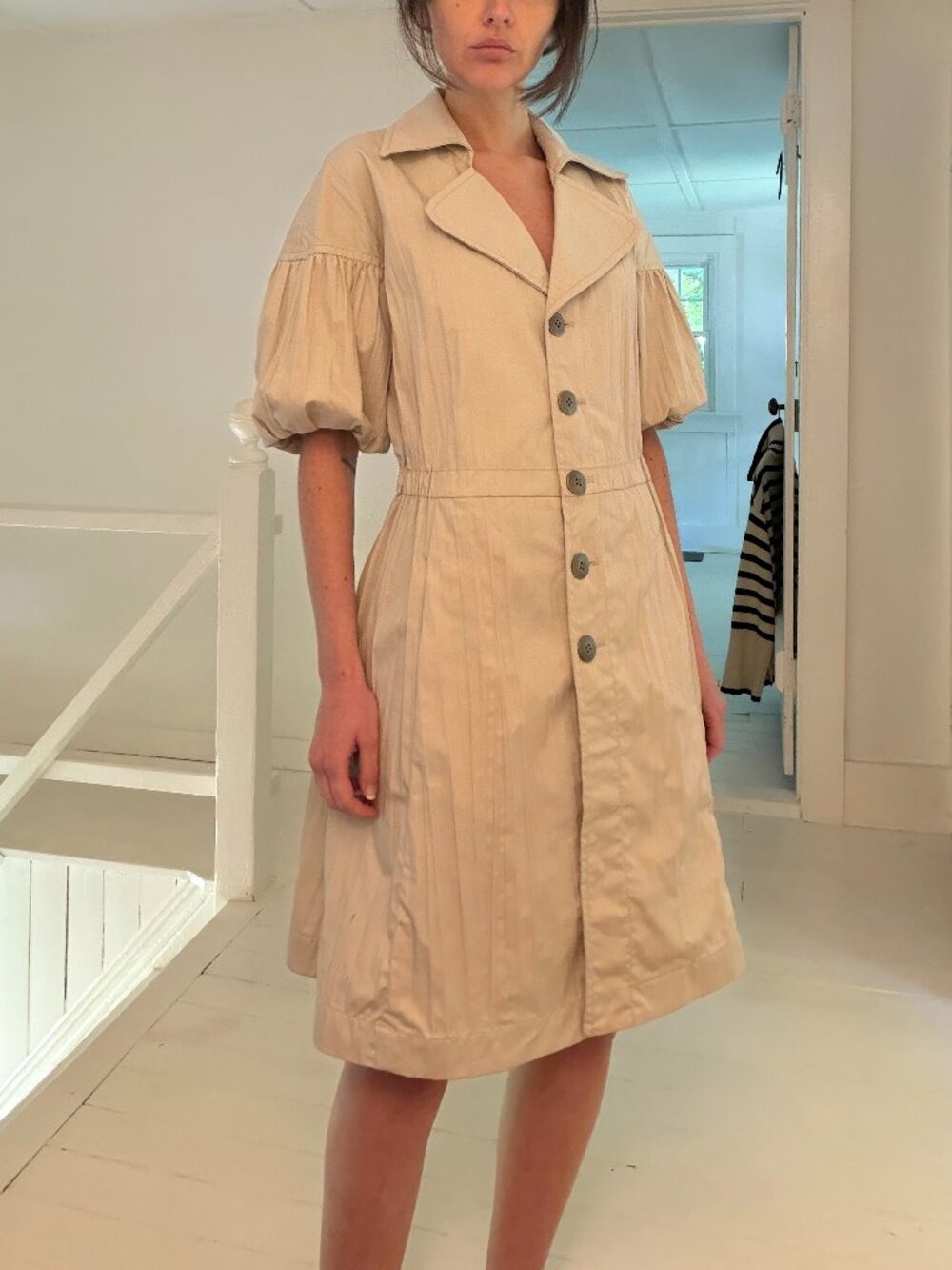 Worth Pleated Puff Sleeve Button Front A-Line Shirt Dress Size P Beige